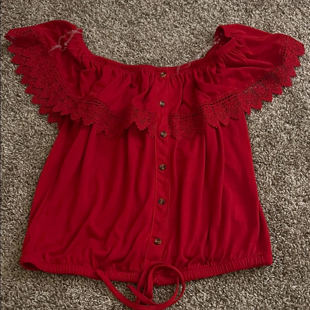No Boundaries Red Button-Down Off-Shoulder Top
